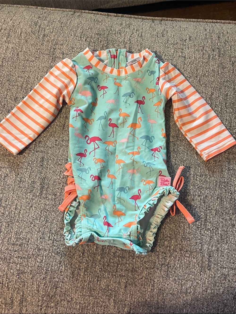 Pink Chicken Girls' Mint Flamingo Long-Sleeve Rash Guard One-Piece Swim
